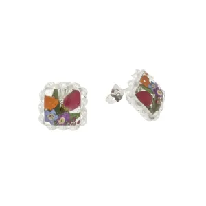 Sterling Silver Floral Mixed Petal Oval Stud Earrings