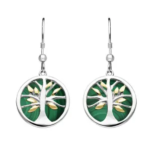 Sterling Silver Gold Plate Malachite Round Tree of Life Drop Earrings