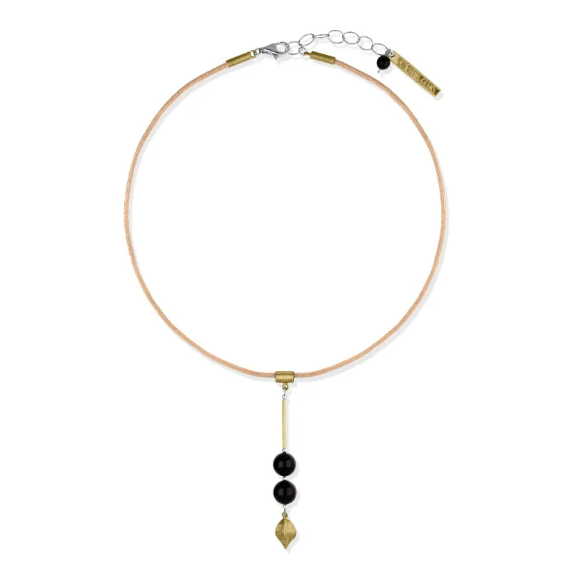 Sterling Silver Gold Plated Whitby Jet Bead Drop Cord Necklace D