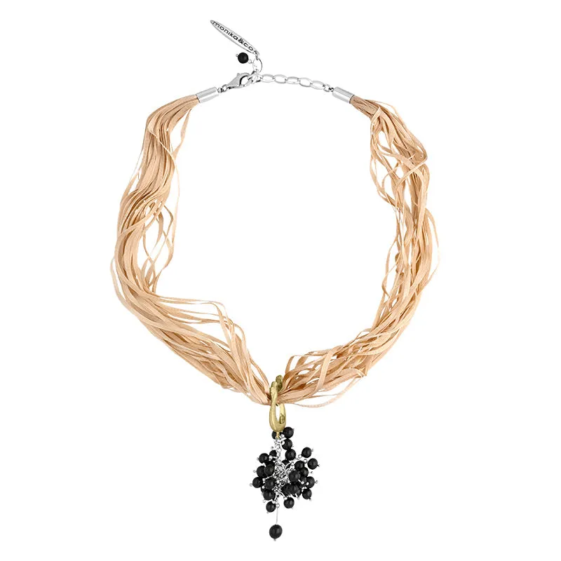 Sterling Silver Gold Plated Whitby Jet Bead Multi-Silk Cord Necklace D