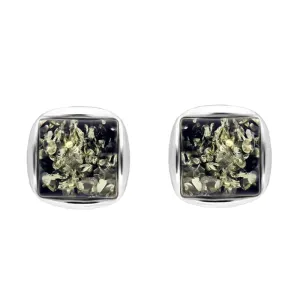 Sterling Silver Green Amber Square Stud Earrings