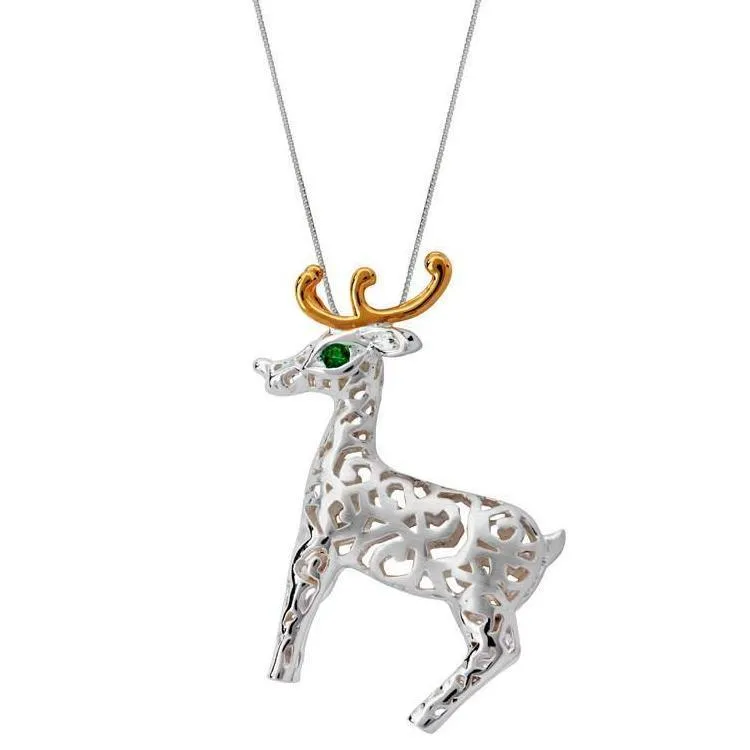 Sterling Silver Green Zirconia Small Reindeer Necklace