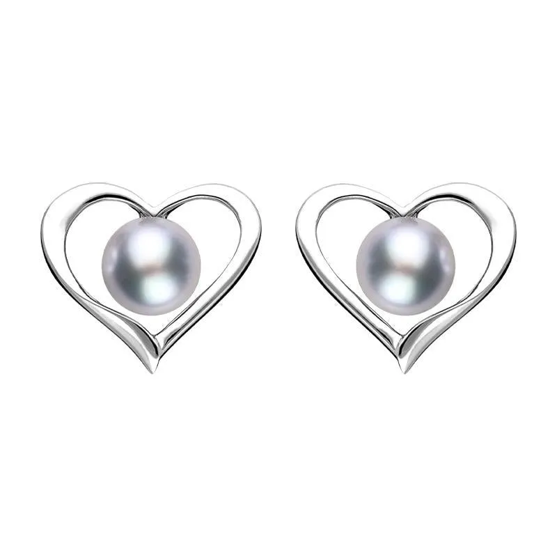 Sterling Silver Grey Pearl Open Heart Stud Earrings