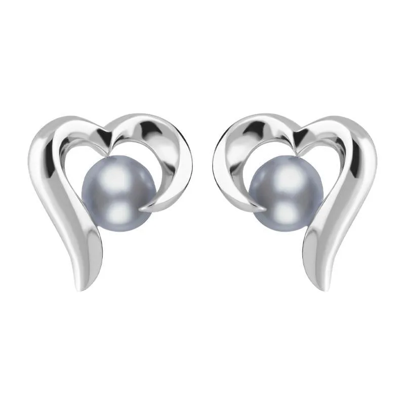Sterling Silver Grey Pearl Twisted Open Heart Stud Earrings