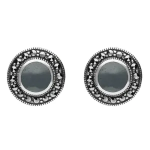 Sterling Silver Hematite Marcasite Round Beaded Edge Stud Earrings