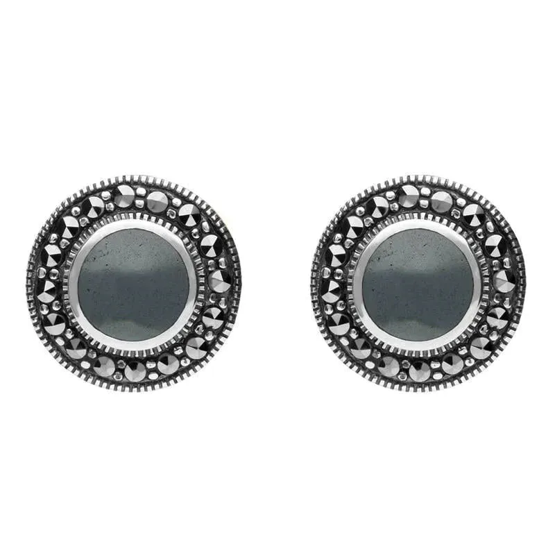 Sterling Silver Hematite Marcasite Round Beaded Edge Stud Earrings
