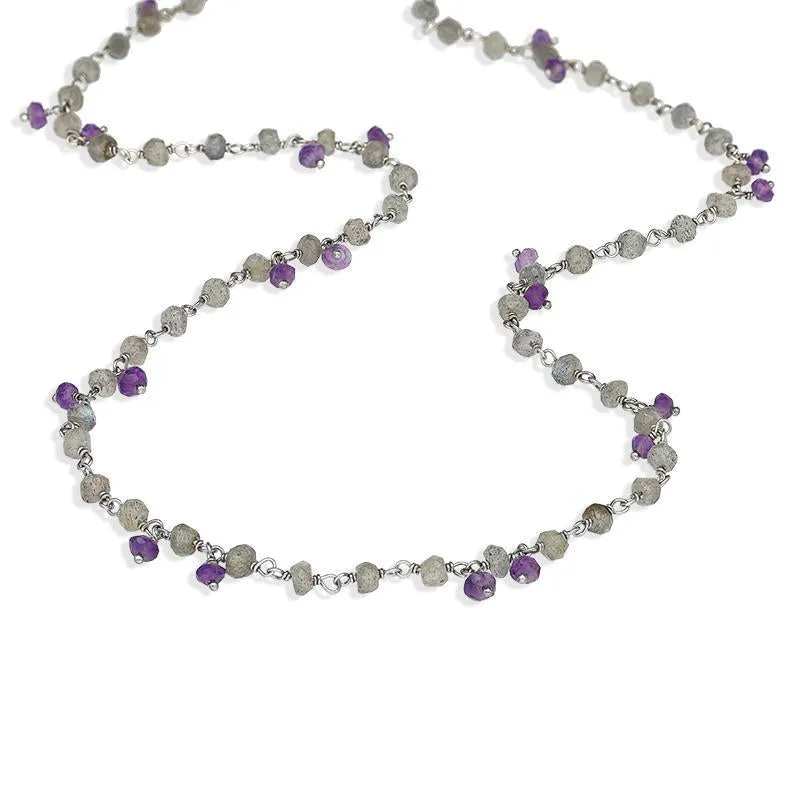 Sterling Silver Labradorite Amethyst 4mm Bead Chain Link Necklace