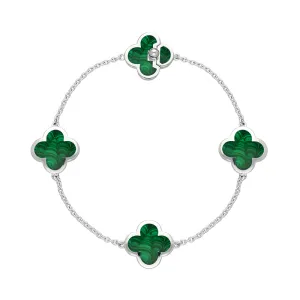 Sterling Silver Malachite Bloom Four Stone Four Leaf Clover Chain Bracelet D