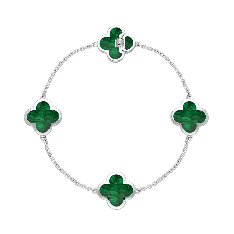 Sterling Silver Malachite Bloom Four Stone Four Leaf Clover Chain Bracelet D