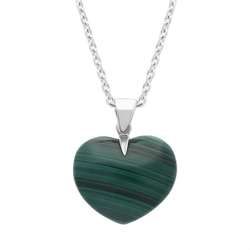 Sterling Silver Malachite Medium Carved Heart Necklace