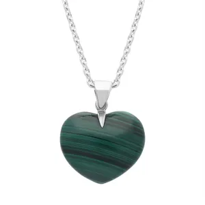 Sterling Silver Malachite Medium Carved Heart Necklace