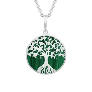Sterling Silver Malachite Round Tree of Life Necklace