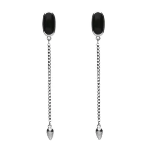 Sterling Silver Onyx Lineaire Long Drop Stud Earrings