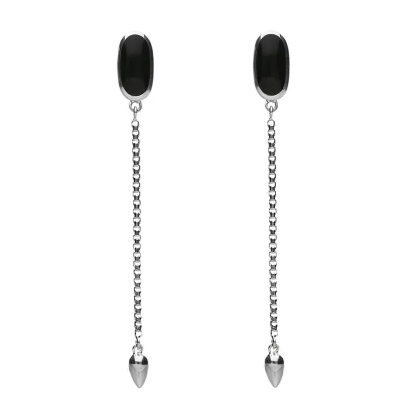 Sterling Silver Onyx Lineaire Long Drop Stud Earrings