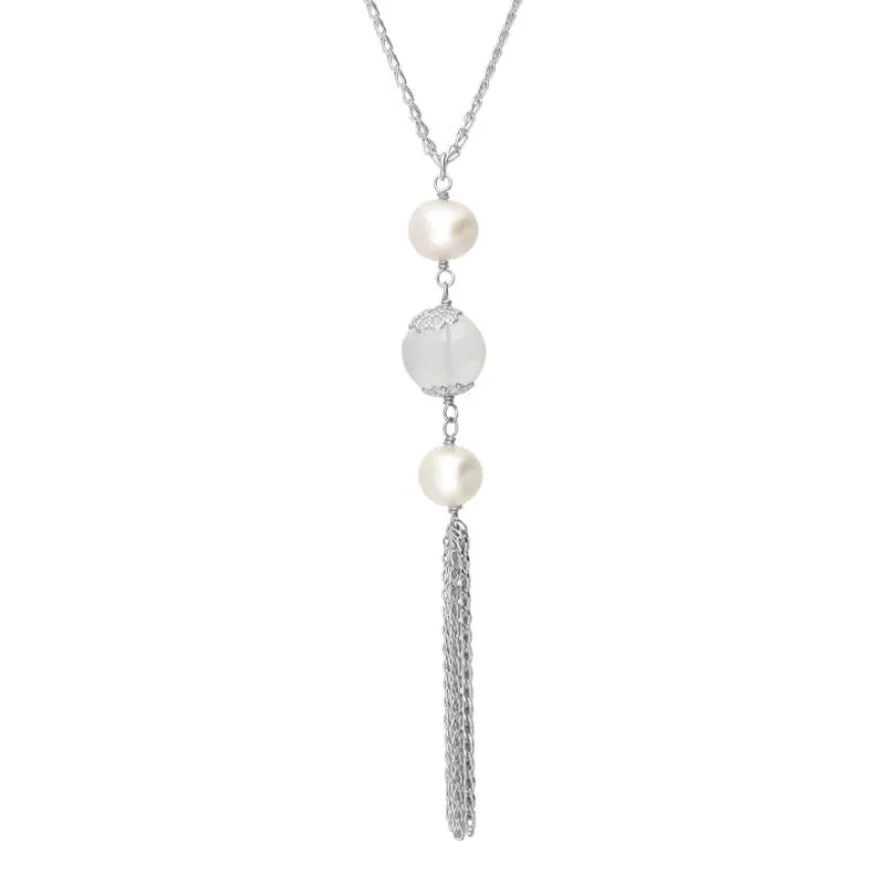 Sterling Silver Pearl Crystal Triple Stone Tassel Drop Necklace
