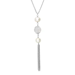 Sterling Silver Pearl Crystal Triple Stone Tassel Drop Necklace