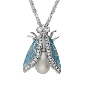 Sterling Silver Pearl White Sapphire Enamel Style & Fashion Fly Necklace