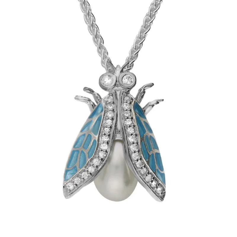Sterling Silver Pearl White Sapphire Enamel Style & Fashion Fly Necklace