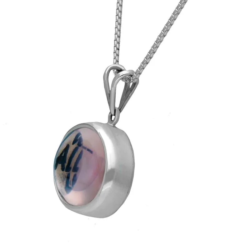Sterling Silver Rose Quartz Alice In Wonderland Domed Oval We're All Mad Here Necklace