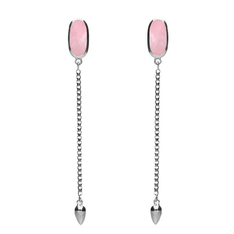 Sterling Silver Rose Quartz Lineaire Long Drop Stud Earrings
