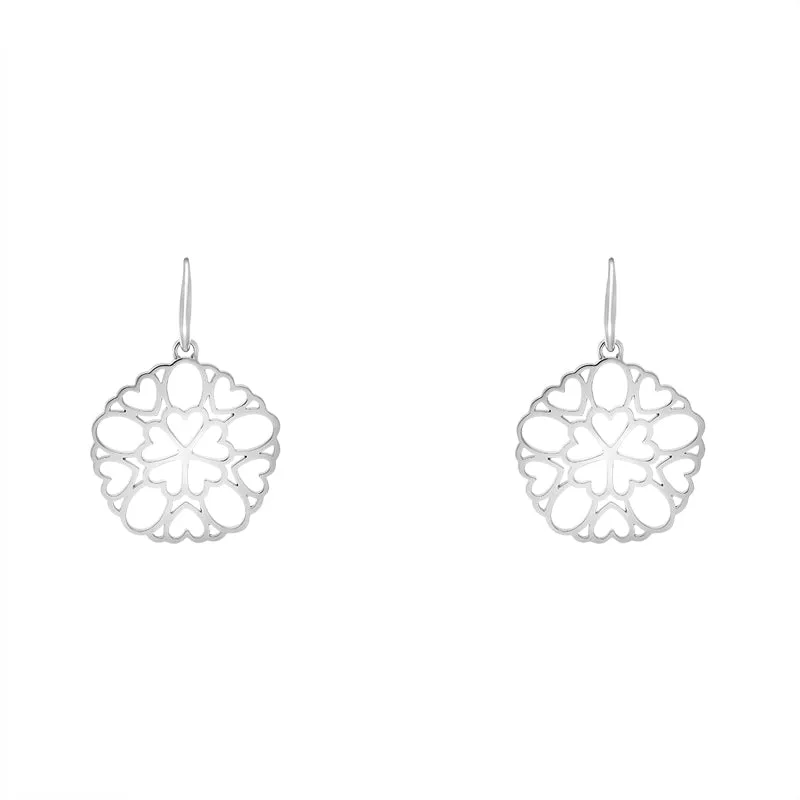 Sterling Silver Round Pierced Heart Hook Drop Earrings