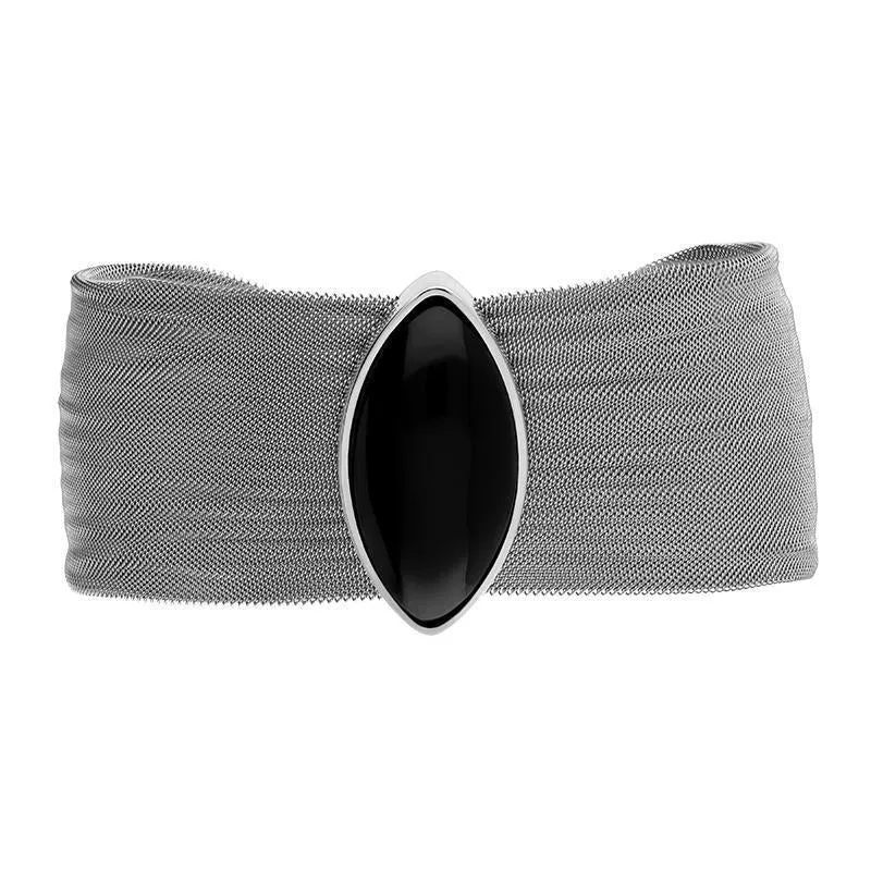 Sterling Silver Stainless Steel Whitby Jet Unique Marquise Mesh Bracelet