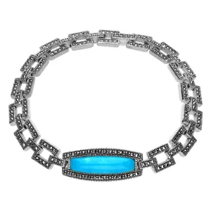Sterling Silver Turquoise and Marcasite Oblong Curved Link Bracelet