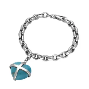 Sterling Silver Turquoise Cross Heart Link Charm Bracelet D