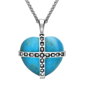 Sterling Silver Turquoise Marcasite Medium Cross Heart Necklace