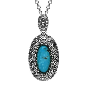 Sterling Silver Turquoise Marcasite Rounded Edge Oval Necklace