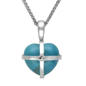 Sterling Silver Turquoise Marcasite Small Cross Heart Necklace