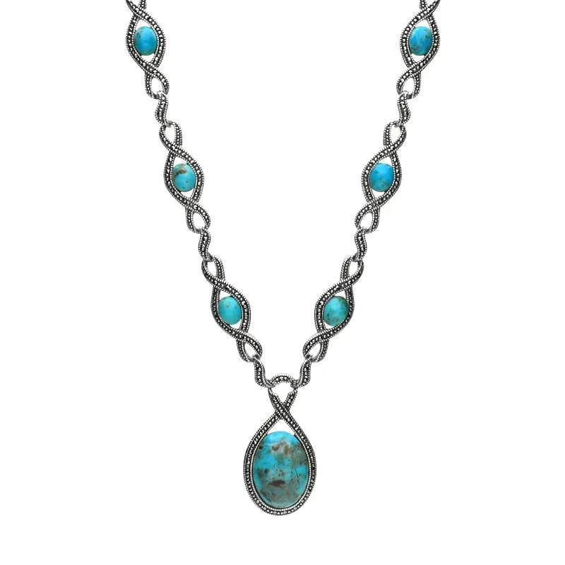Sterling Silver Turquoise Marcasite Thirteen Stone Twist Link Necklace