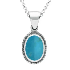 Sterling Silver Turquoise Oval Rope Edge Drop Necklace
