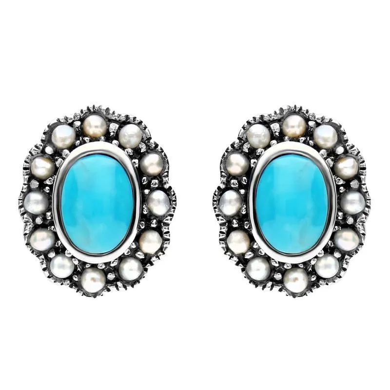 Sterling Silver Turquoise Pearl Oval Beaded Edge Stud Earrings