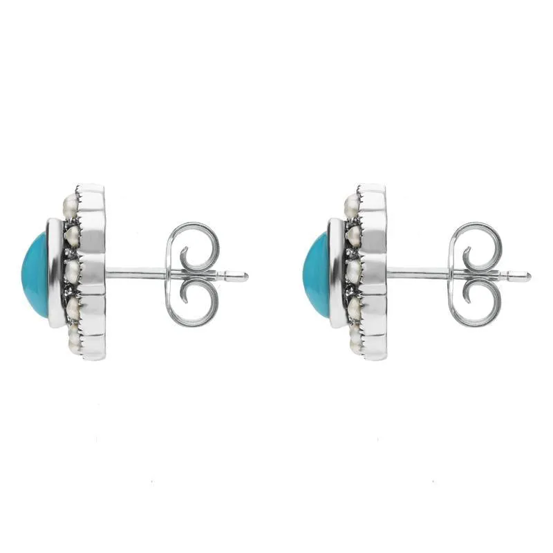 Sterling Silver Turquoise Pearl Oval Beaded Edge Stud Earrings