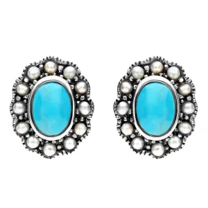 Sterling Silver Turquoise Pearl Oval Beaded Edge Stud Earrings