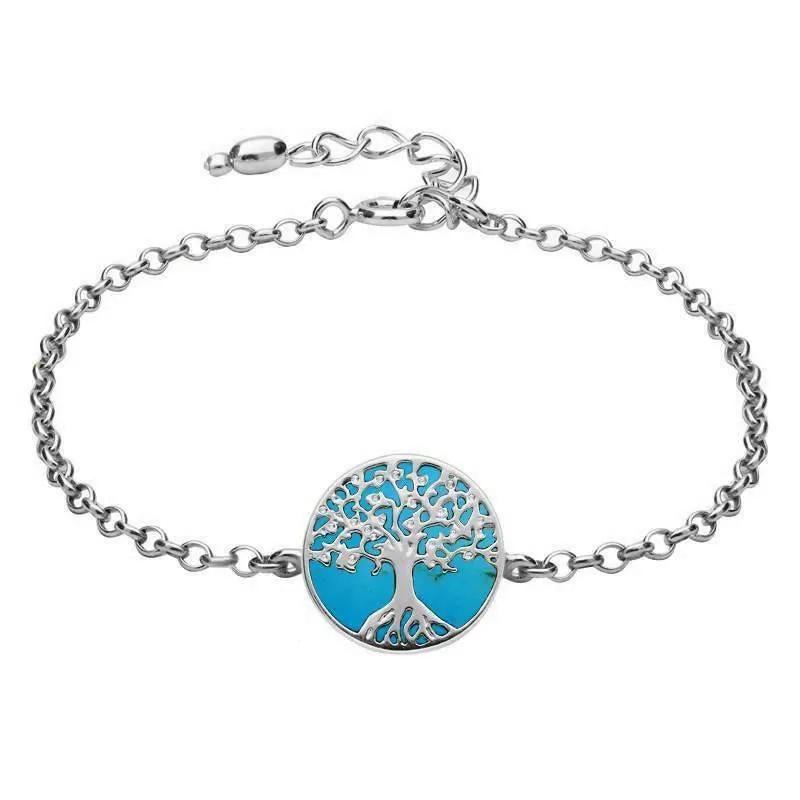 Sterling Silver Turquoise Round Tree of Life Chain Bracelet
