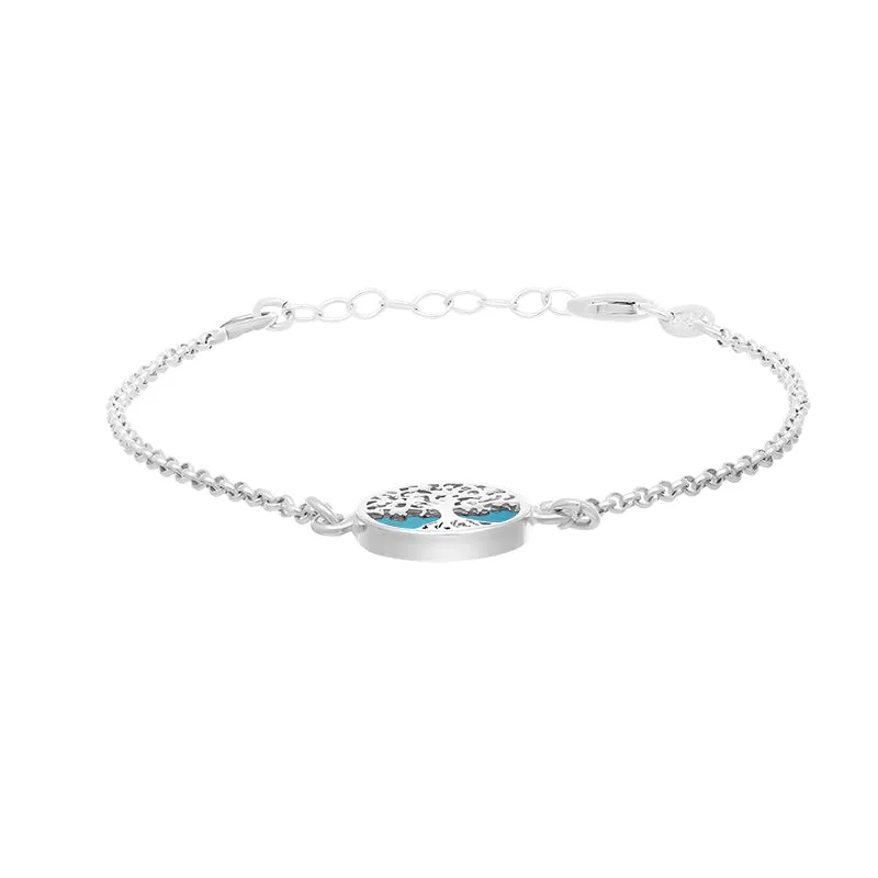 Sterling Silver Turquoise Round Tree of Life Chain Bracelet