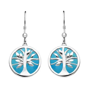 Sterling Silver Turquoise Round Tree of Life Drop Earrings