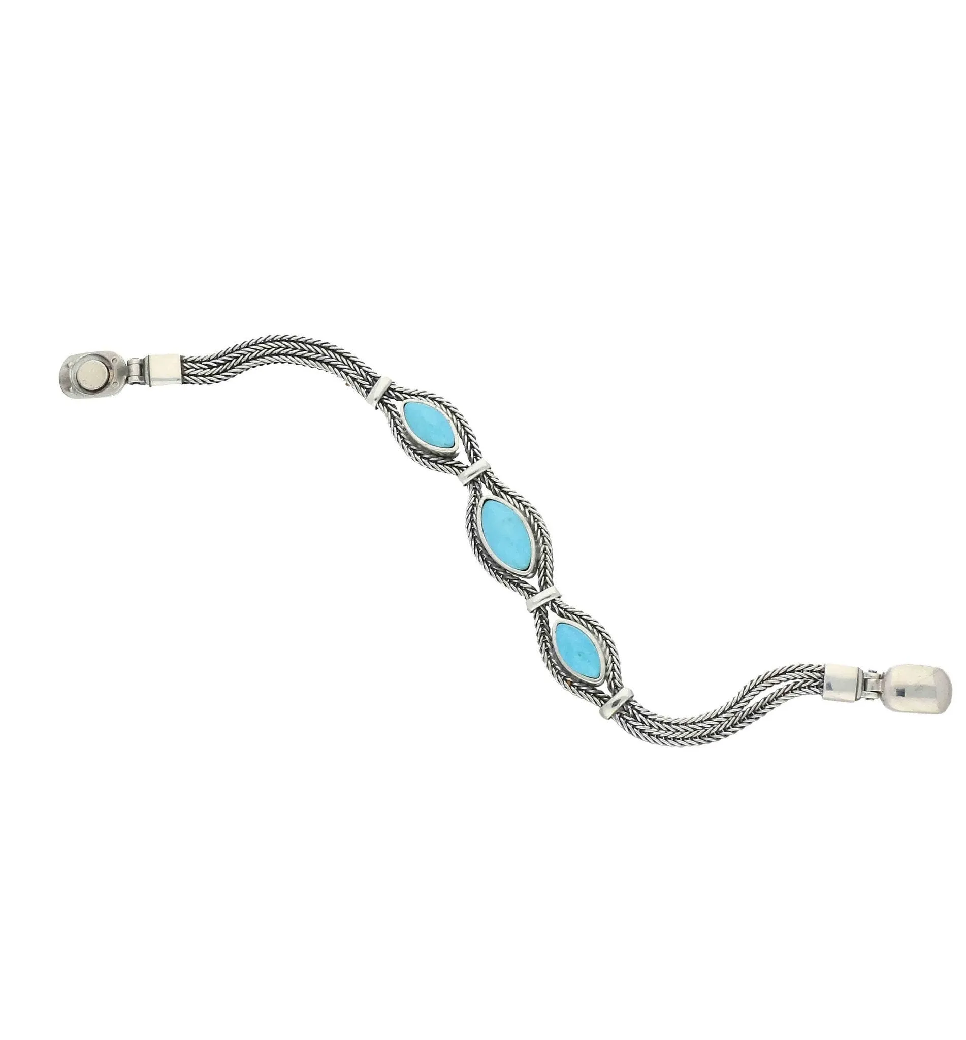 Sterling Silver Turquoise Three Stone Marquise Foxtail Bracelet D