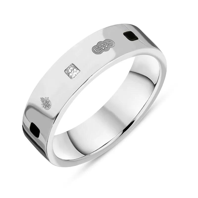 Sterling Silver Whitby Jet 0.12ct Diamond Queen's Jubilee Hallmark Princess Cut 5mm Ring D