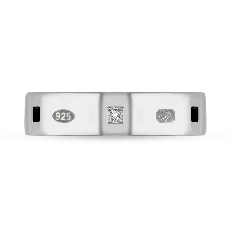 Sterling Silver Whitby Jet 0.12ct Diamond Queen's Jubilee Hallmark Princess Cut 5mm Ring D