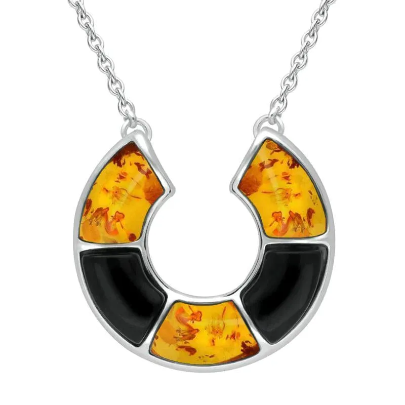 Sterling Silver Whitby Jet Amber  Five Stone Circle Necklace