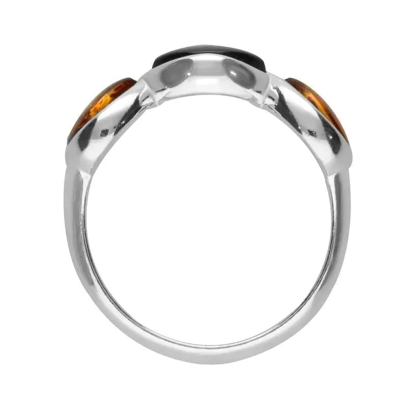 Sterling Silver Whitby Jet Amber Three Stone Pear Marquise Ring