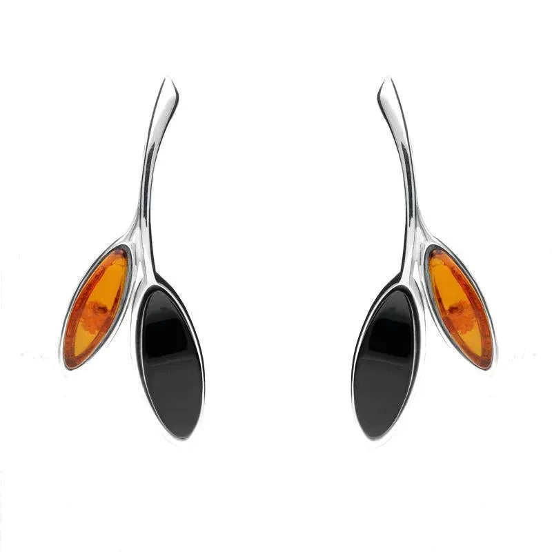 Sterling Silver Whitby Jet Amber Two Leaf Drop Stud Earrings