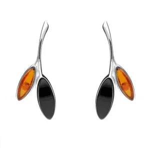 Sterling Silver Whitby Jet Amber Two Leaf Drop Stud Earrings