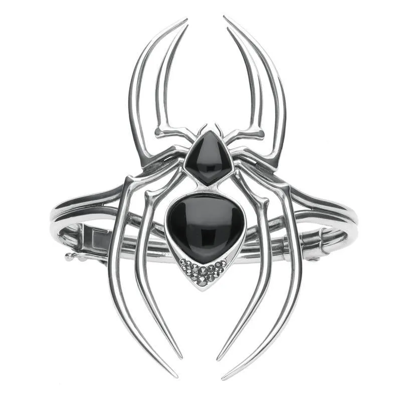 Sterling Silver Whitby Jet & Marcasite Gothic Spider Bangle