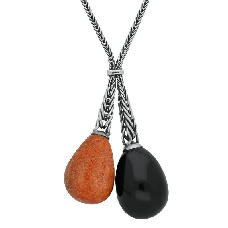 Sterling Silver Whitby Jet Apple Coral Double Dropper Necklace D
