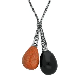 Sterling Silver Whitby Jet Apple Coral Double Dropper Necklace D