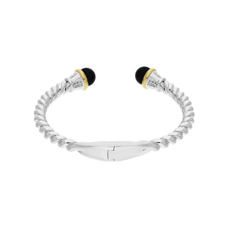 Sterling Silver Whitby Jet Bead Hinged Torc Twist Bangle